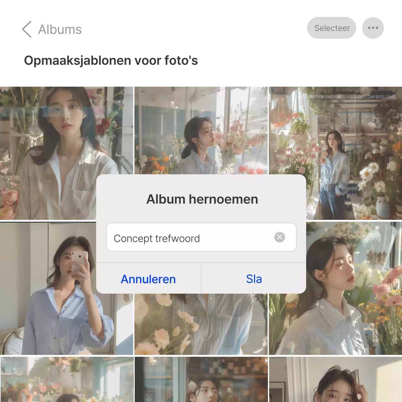 Een fotolay-out of advertentie voor een modewinkel met een eenvoudige stijl van witte en grijze emoji's.