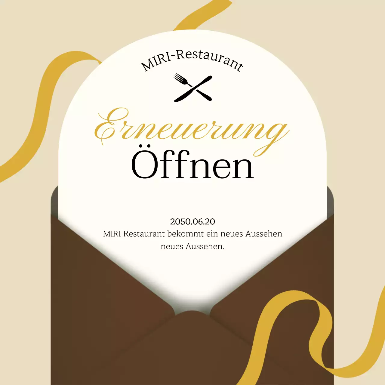 Ankündigung der Wiedereröffnung dieses luxuriösen braun-gelben Restaurants