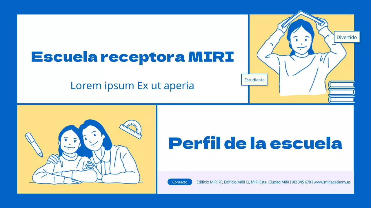 Un folleto escolar kitsch amarillo y azul