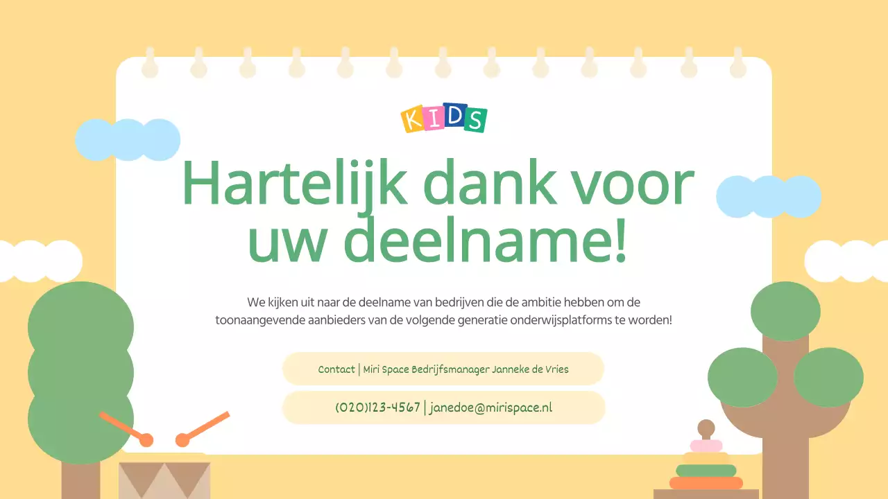 De lichtblauwe en gele oproep voor exposanten op de Kids Fair