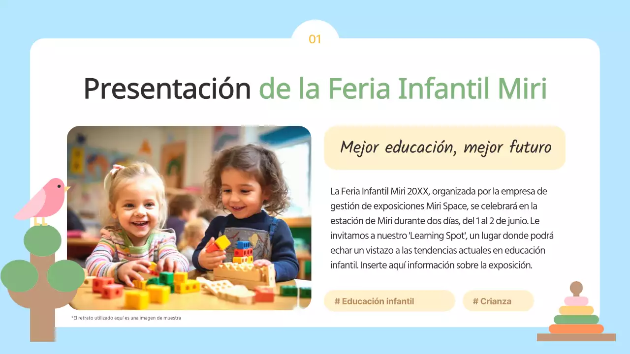 La convocatoria azul claro y amarillo para los expositores de la Feria Infantil