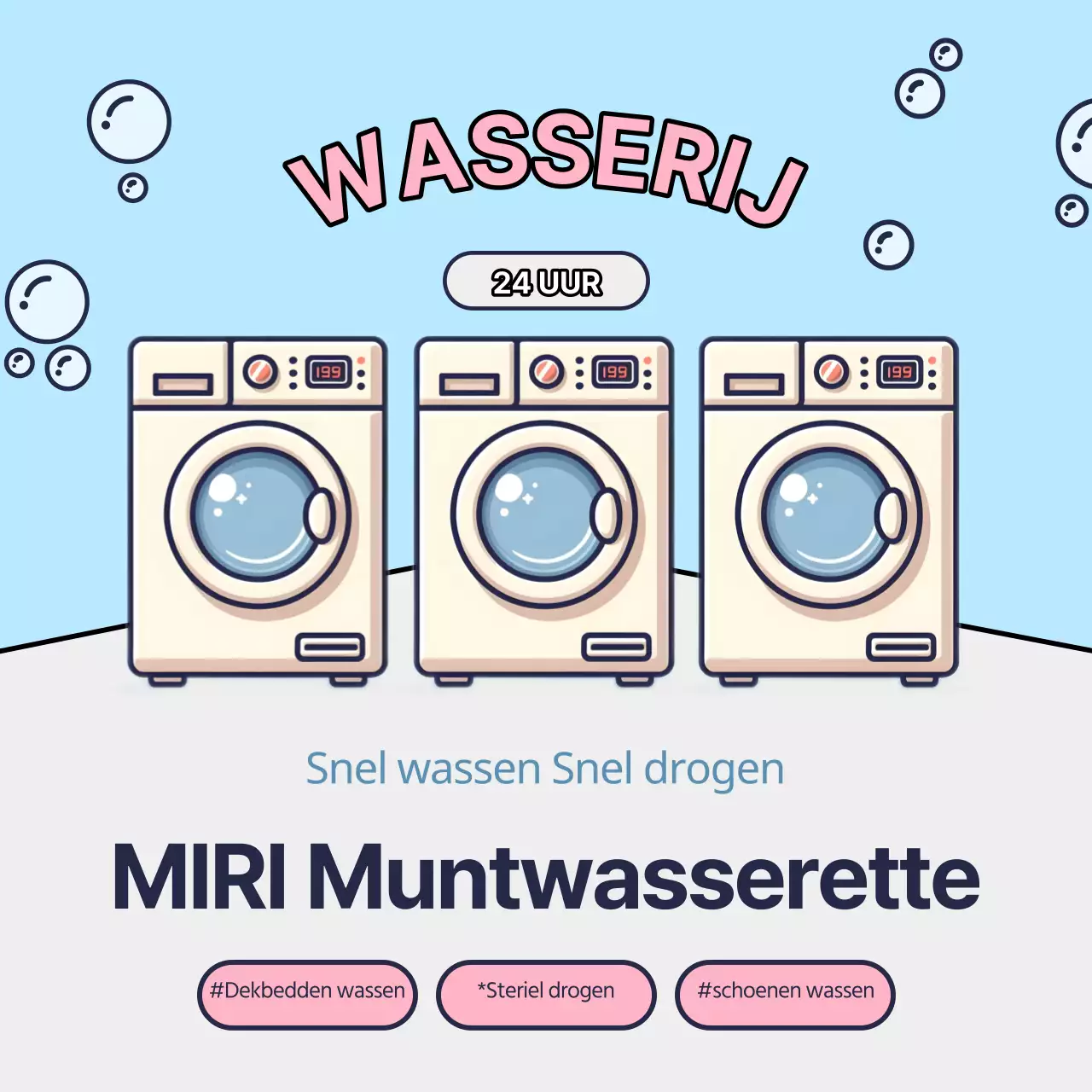 Een schattige wasserette met munten in lichtblauw en roze promoten