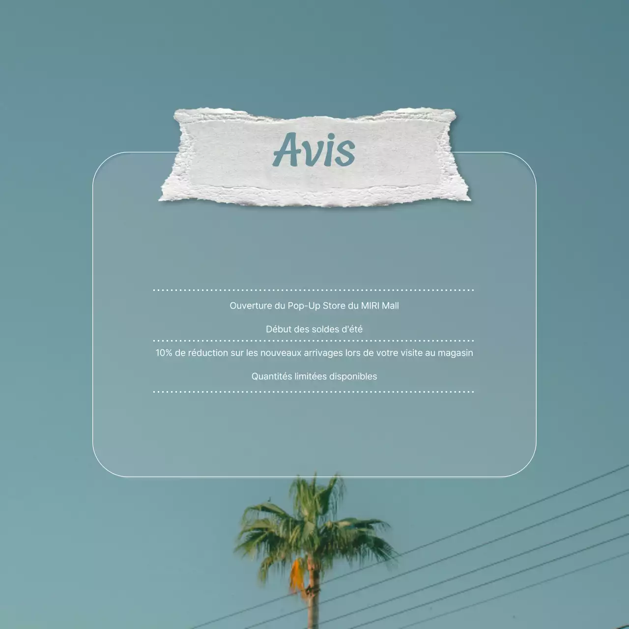 Annonce de l'ouverture d'un pop-up store estival simple, en bleu clair et blanc