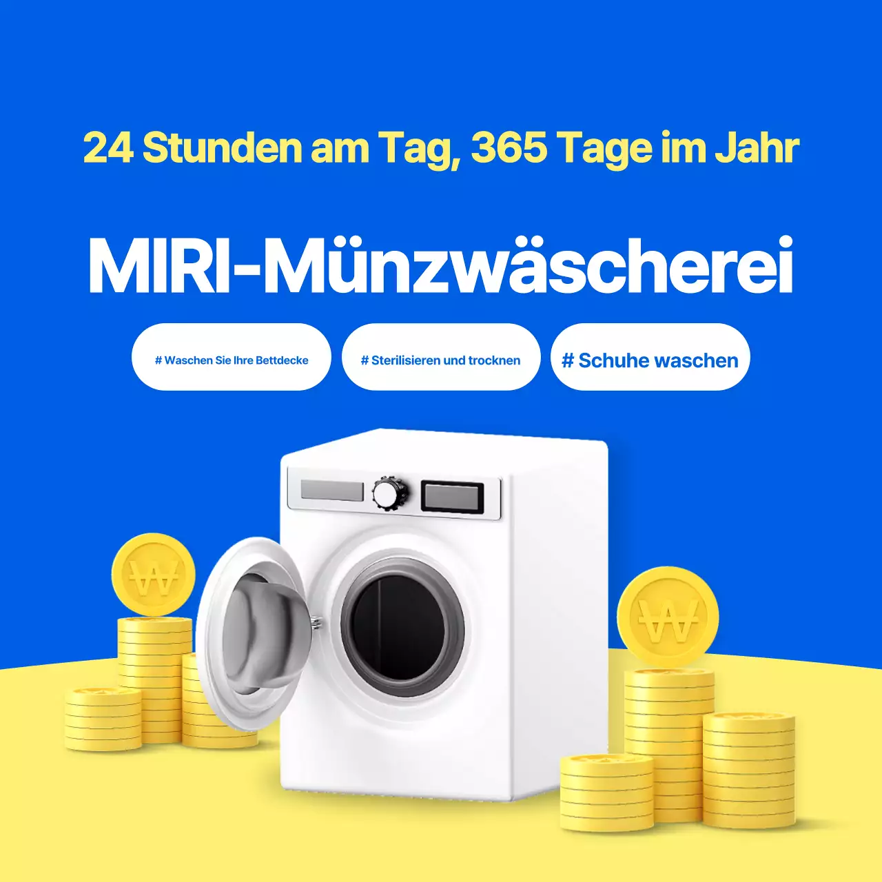 Werbung für einen einfachen Münzwaschsalon in Blau und Gelb