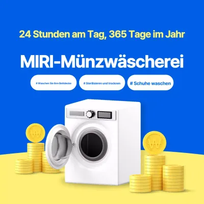 Werbung für einen einfachen Münzwaschsalon in Blau und Gelb