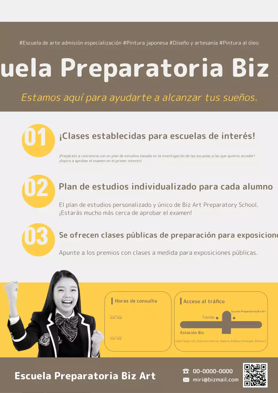 Promoción de una escuela de admisión de arte con fotos amarillas y marrones de alumnos