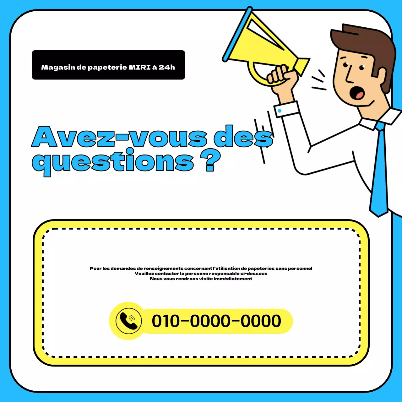 Une papeterie simple en bleu clair et jaune, avec un avis de recherche.