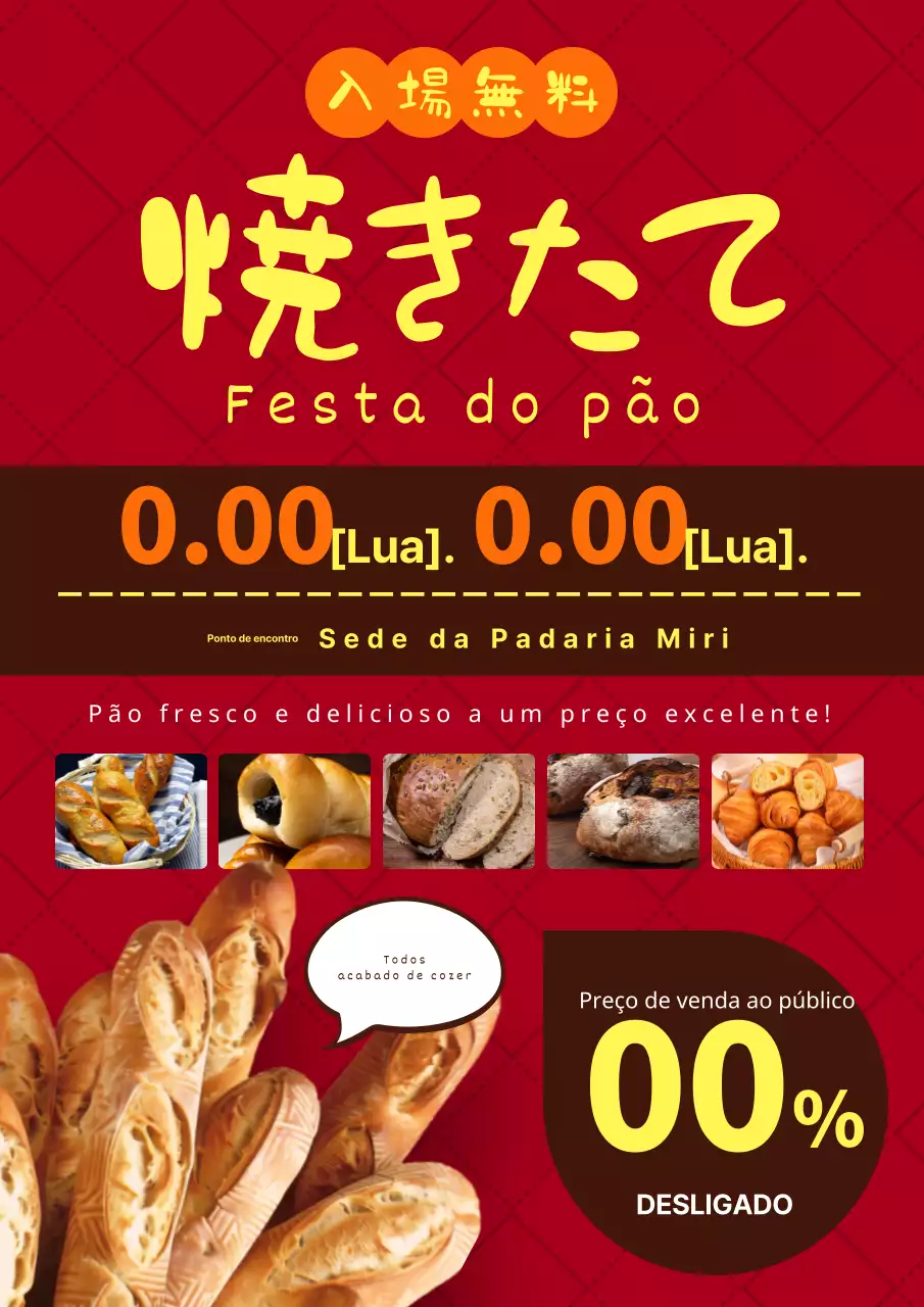 Um anúncio simples, elegante, vermelho, de festa do pão acabado de cozer!