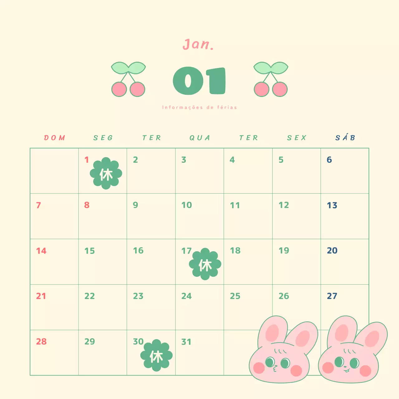 Calendário de lembretes de compromissos relacionados com vendas com ilustrações de personagens de coelhinhos amarelos e verdes