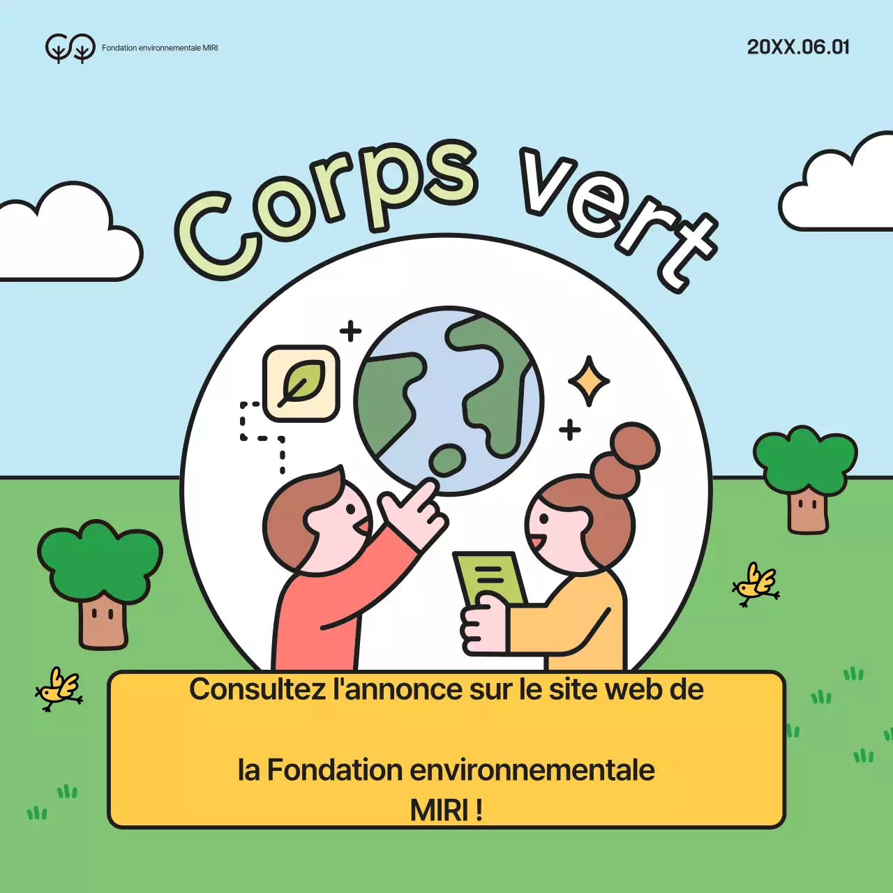 Campagne de recrutement d'étudiants universitaires verts et jaunes volontaires pour l'environnement