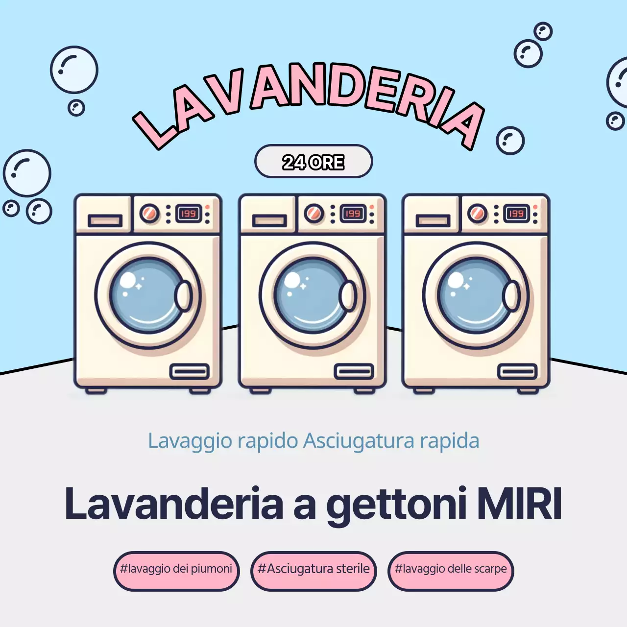 Promuovere una simpatica lavanderia a gettoni in azzurro e rosa.