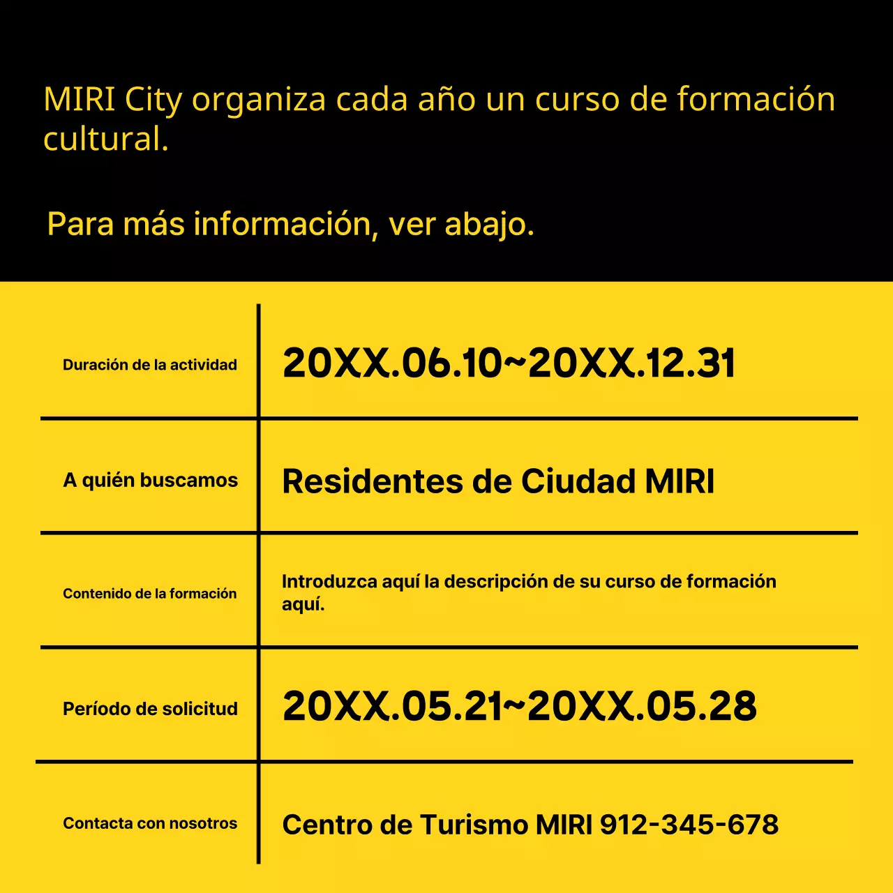 Anuncio de contratación de comentarista cultural minimalista en amarillo y negro
