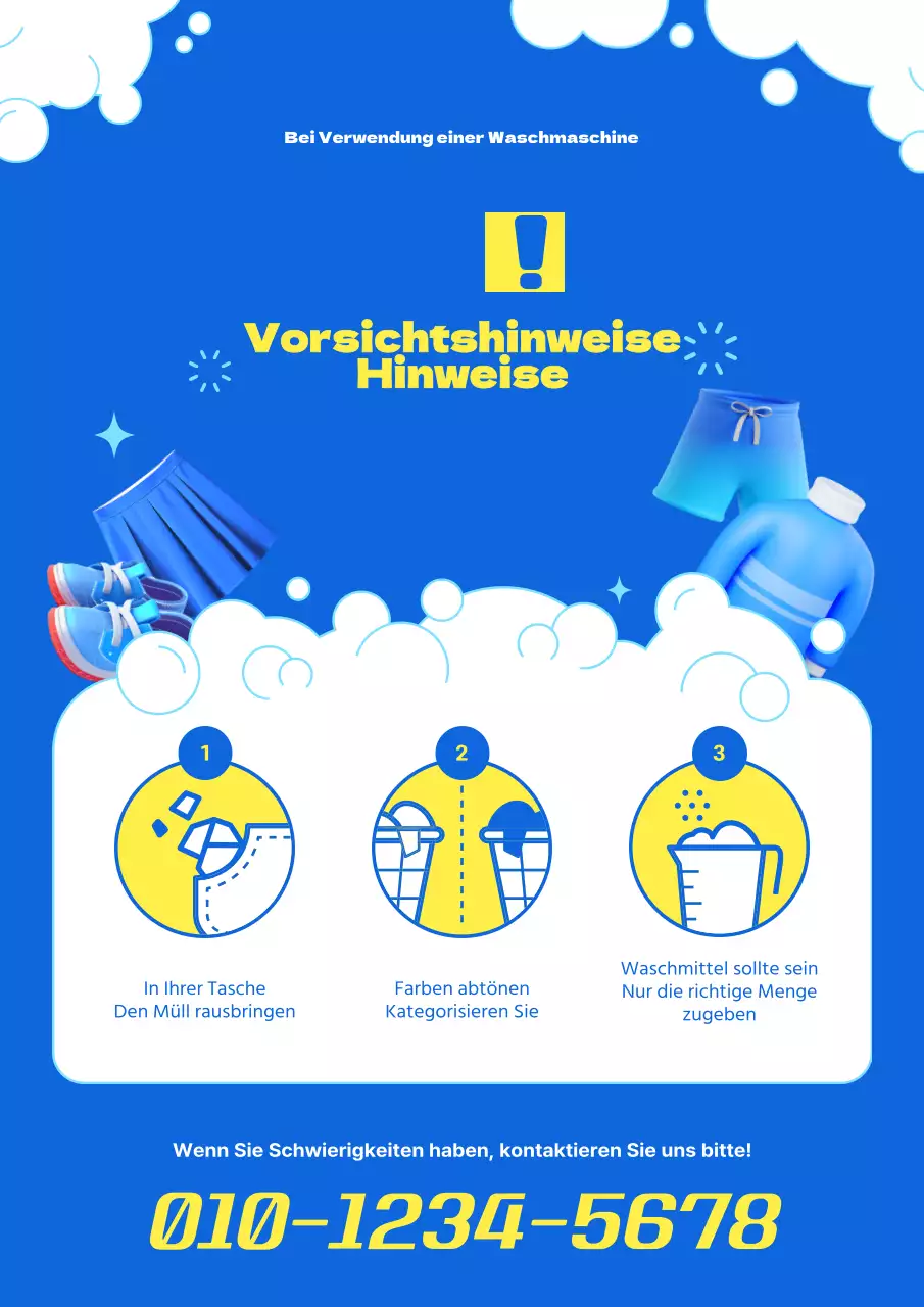 Ein einfacher gelber und blauer unbesetzter Waschsalon mit der Aufforderung, vorsichtig zu sein