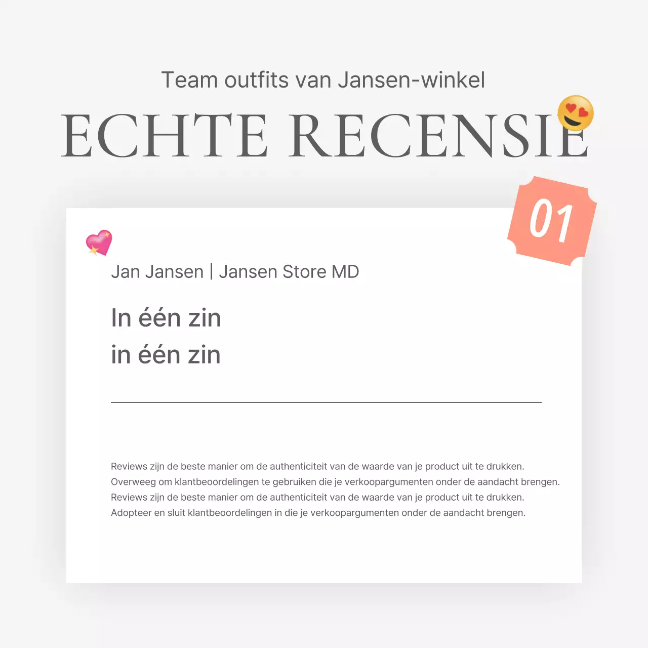 Een recensie of advertentie voor een modewinkel met een eenvoudige witte en grijze emoji-stijl.