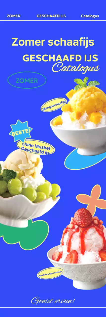 Banner met drie koele geschaafde ijsjes op een blauwe achtergrond