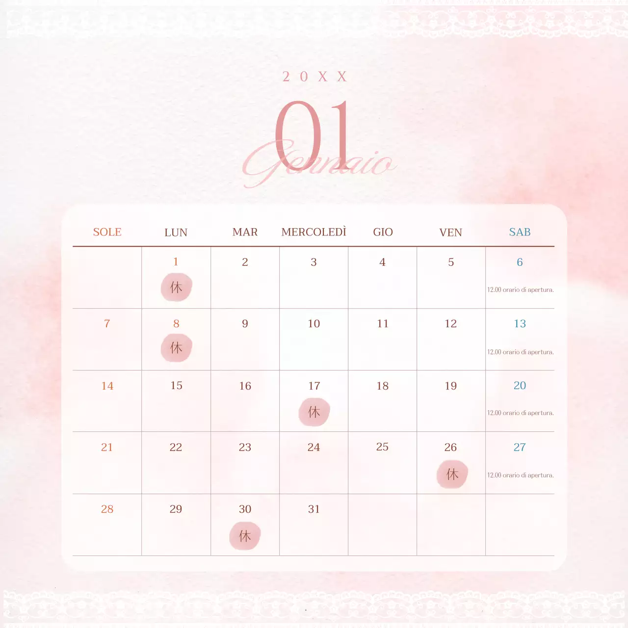 Adorabile calendario in pizzo rosa per gli annunci di appuntamenti legati alle vendite