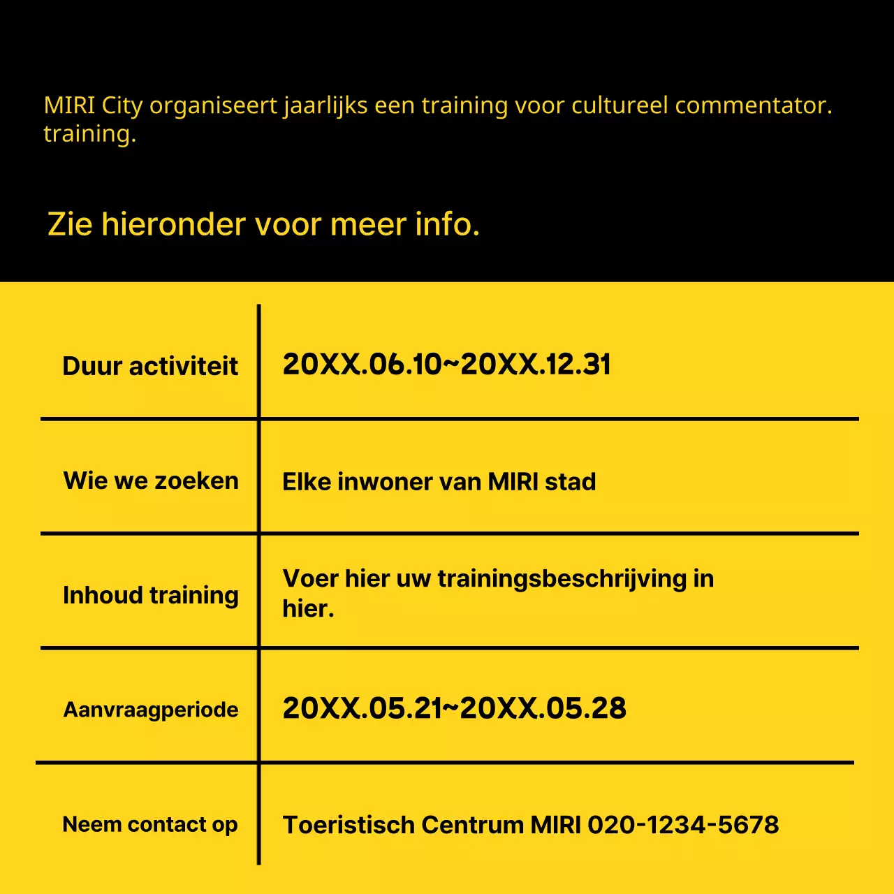 Geel en zwart minimalistisch wervingsveld voor cultureel commentator