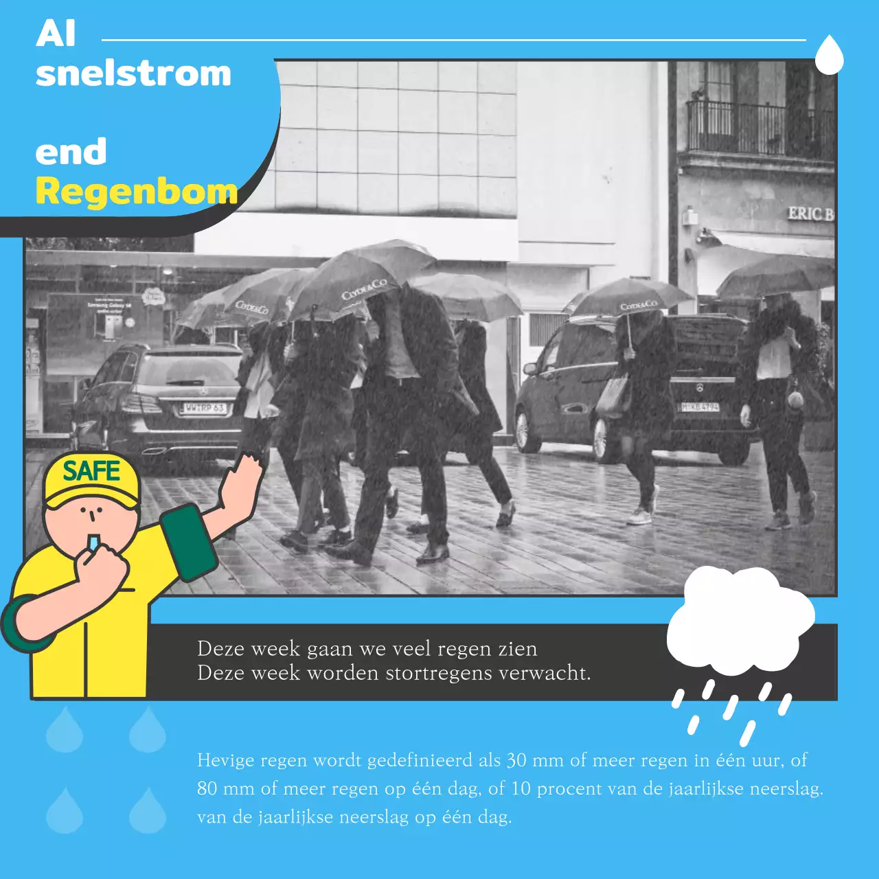 Een zwart-blauwe pop-art veiligheidsgids voor het regenseizoen