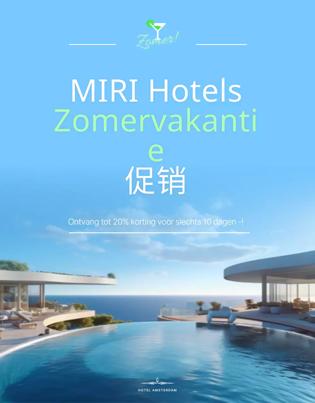 Eenvoudige zomerpromotie voor hotels in wit en lichtblauw