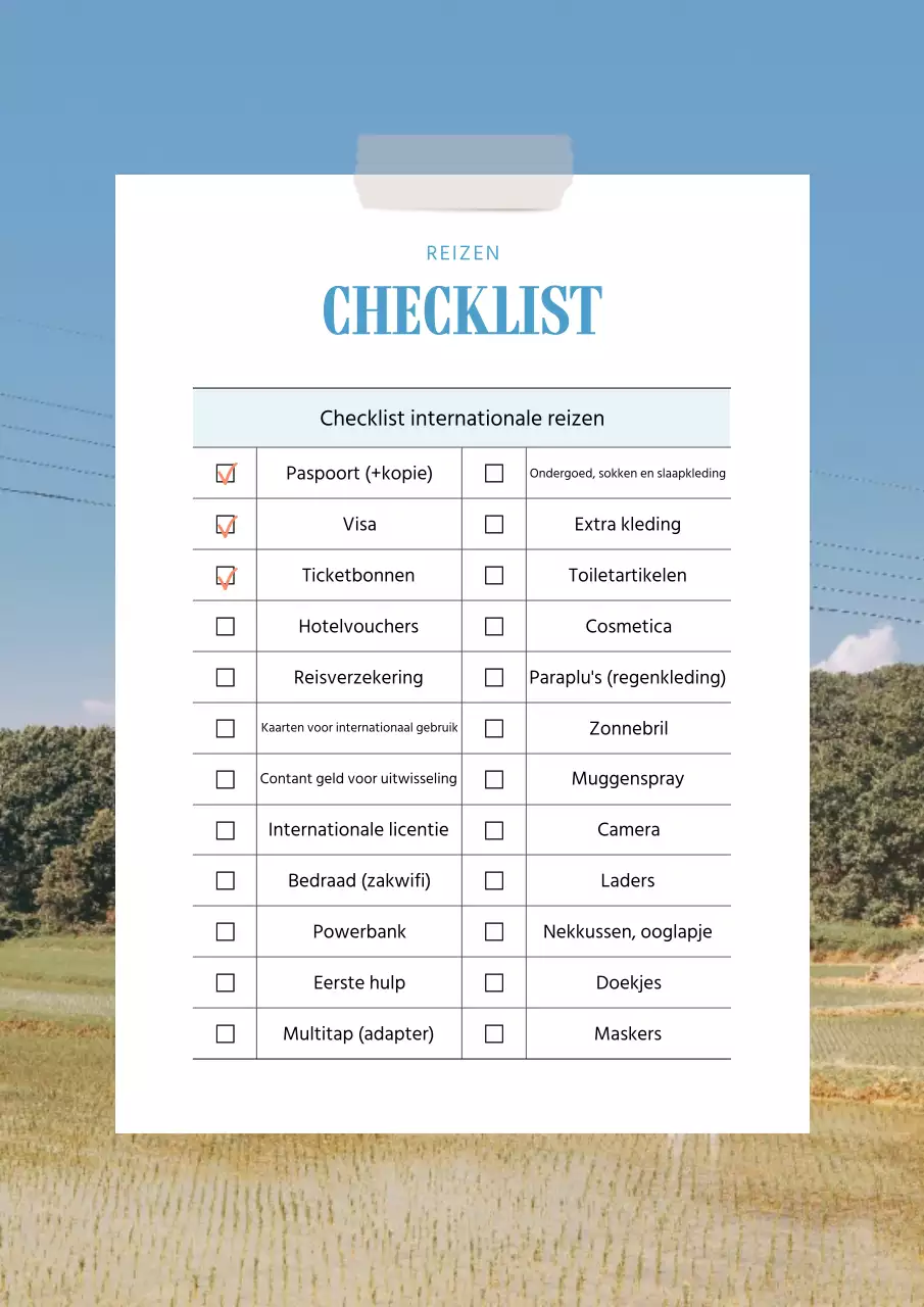 Een eenvoudige blauw-zwarte internationale paklijstplanner