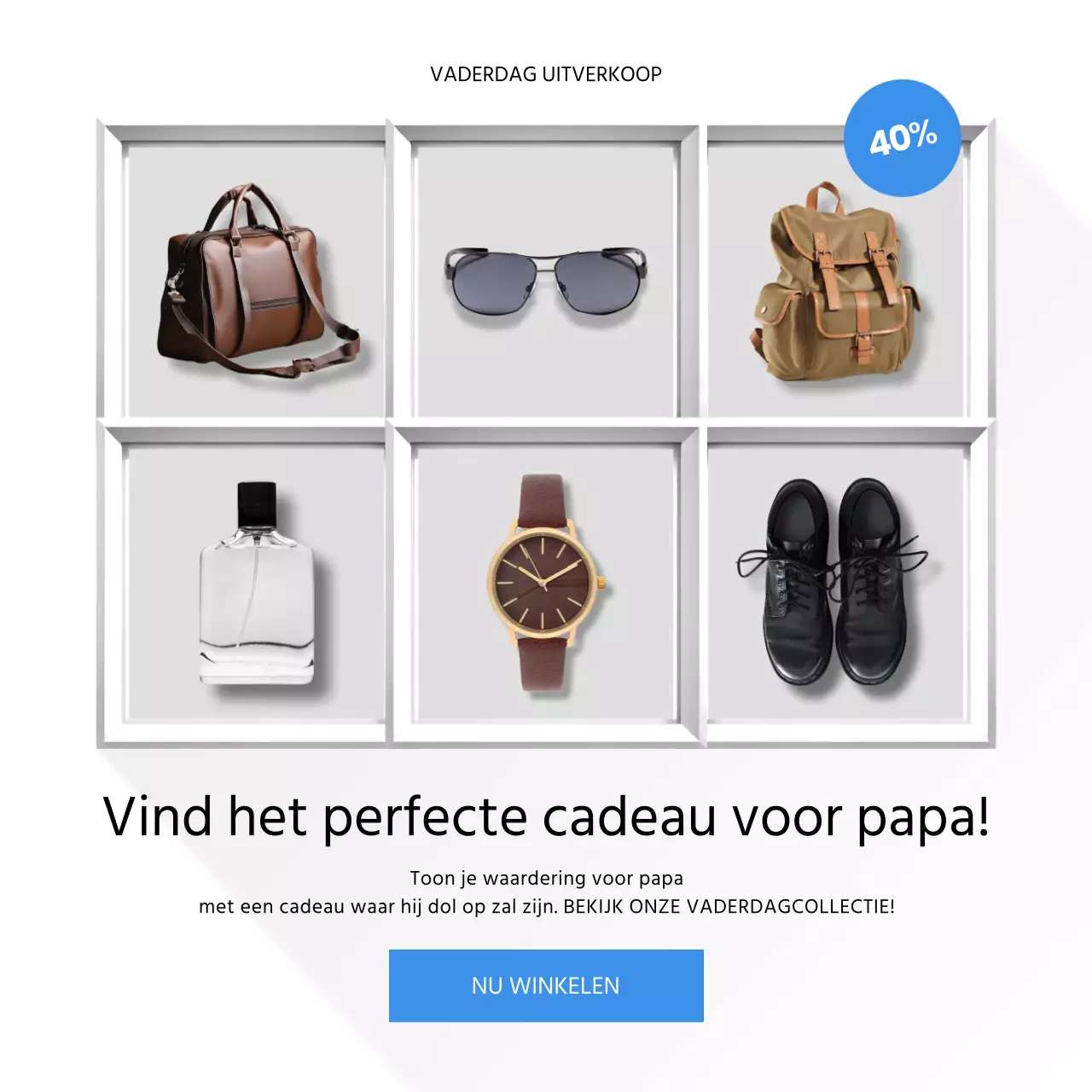 Moderne herenmode kortingsadvertentie in blauw en wit