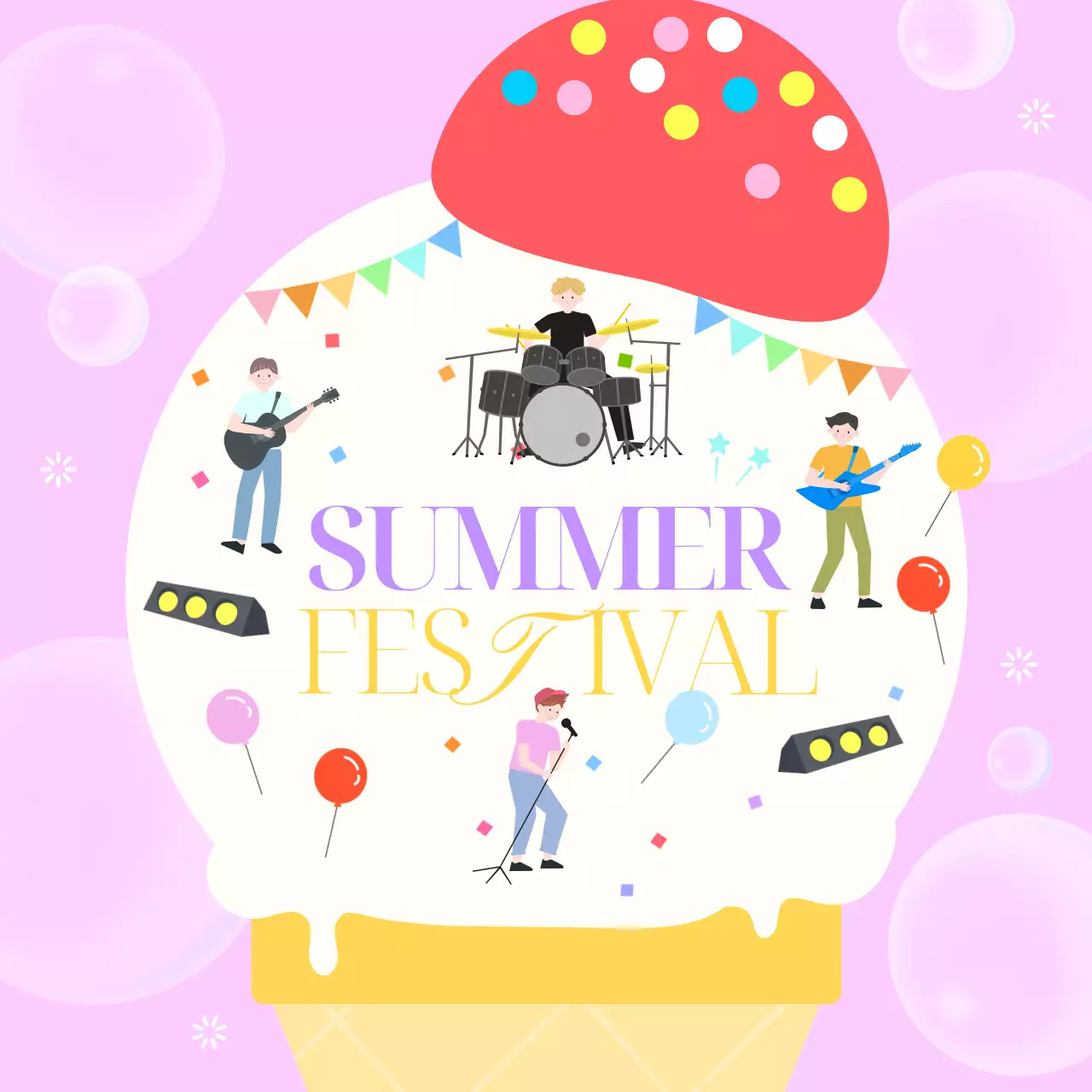 분홍색의 일러스트 컨셉의 여름축제 홍보물