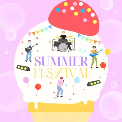 분홍색의 일러스트 컨셉의 여름축제 홍보물