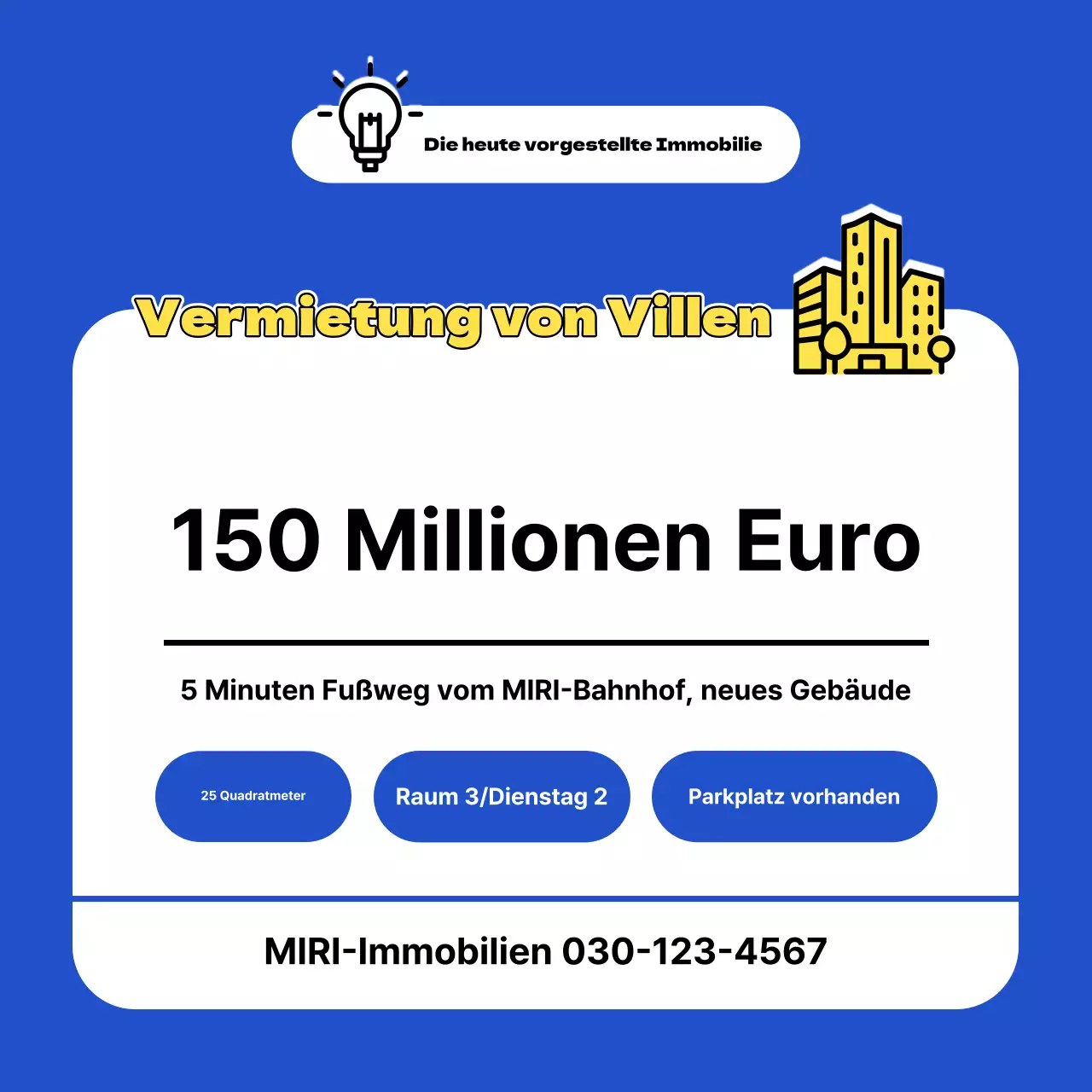 Eine einfache Anzeige für eine zu verkaufende Immobilie in Gelb und Blau