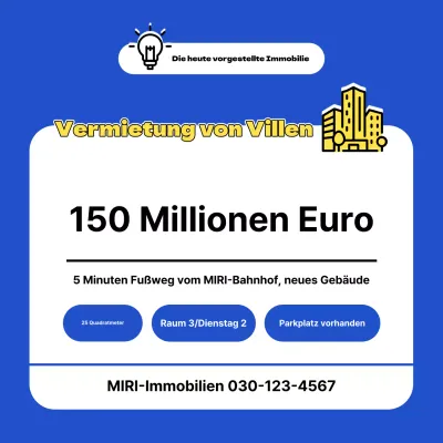 Eine einfache Anzeige für eine zu verkaufende Immobilie in Gelb und Blau