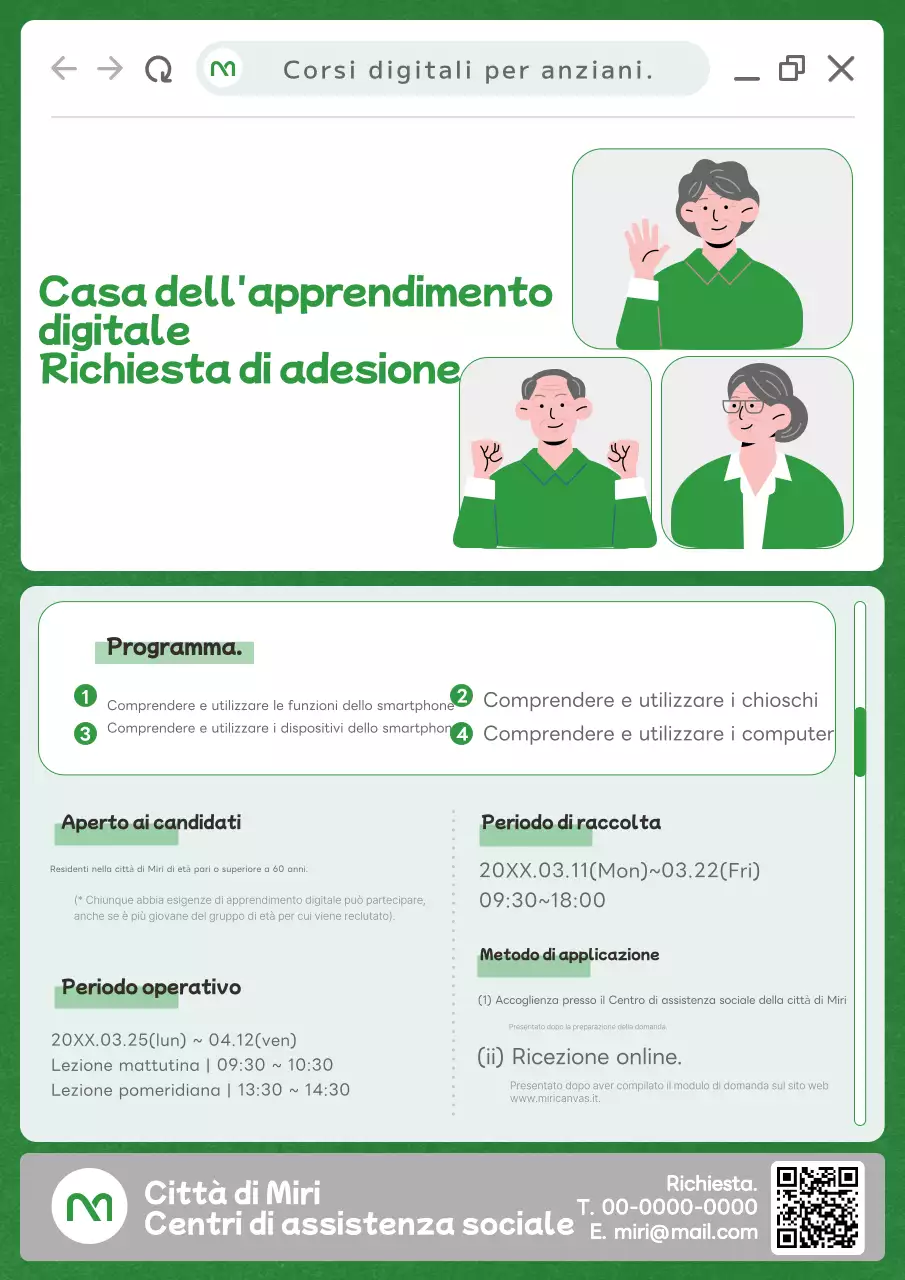 Promuovere un'aula di apprendimento digitale per anziani con illustrazioni di anziani in verde.
