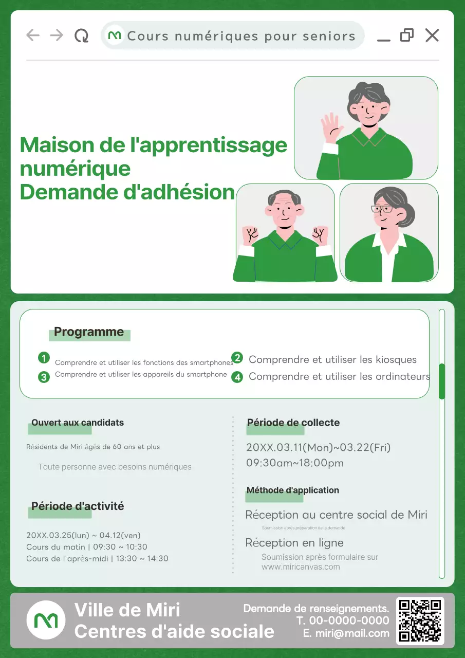 Promouvoir une classe d'apprentissage numérique pour les personnes âgées à l'aide d'illustrations de personnes âgées en vert.