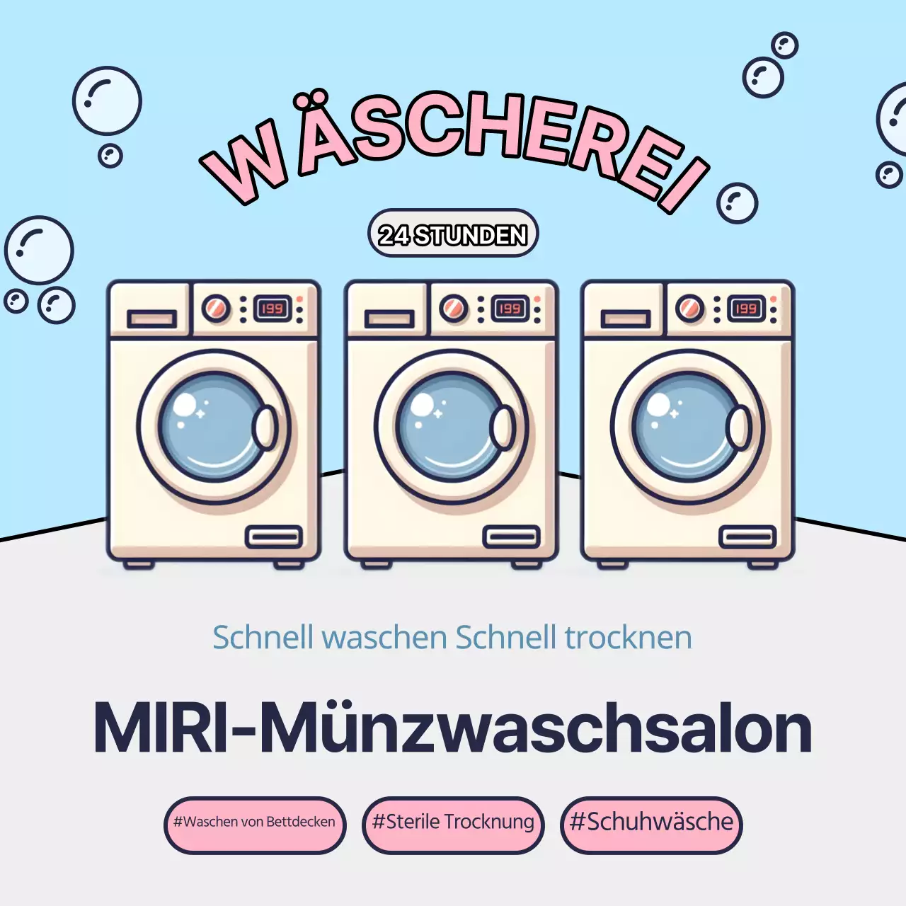 Werbung für einen niedlichen Münzwaschsalon in Hellblau und Rosa