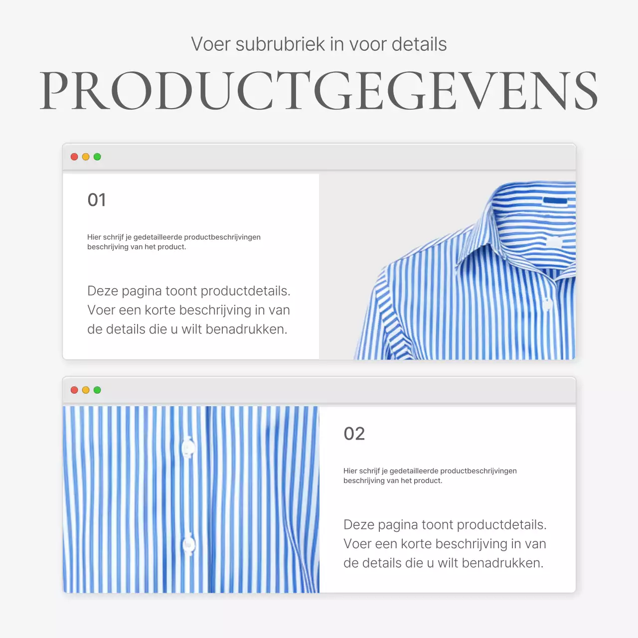 Productdetailbeschrijvingen of advertenties voor een modewinkelcentrum, versierd met een eenvoudige stijl van witte en grijze emoji's.