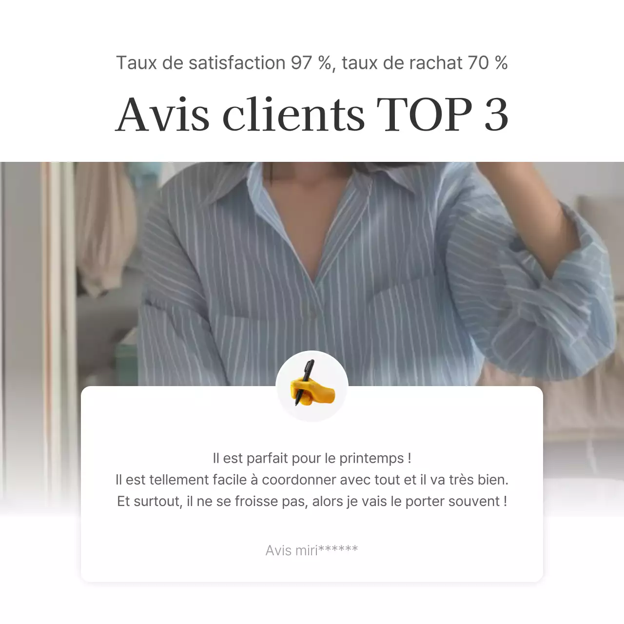 Une critique ou une publicité pour un magasin de mode avec un style emoji simple, blanc et gris.