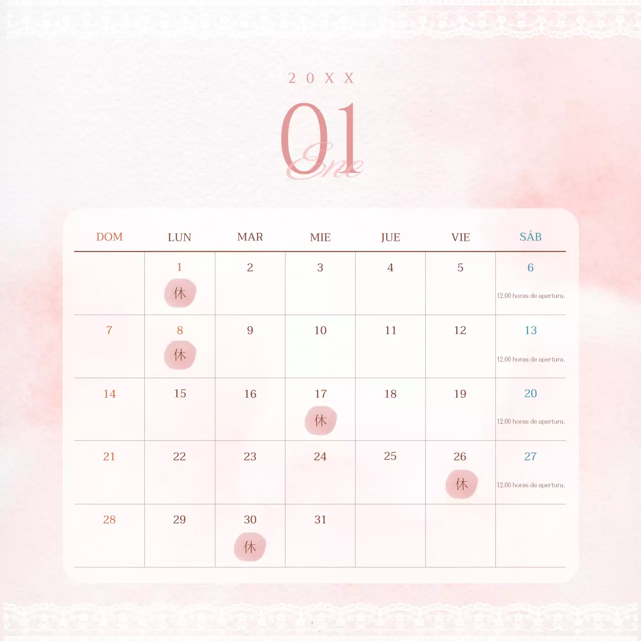 Adorable calendario de encaje rosa para anunciar citas relacionadas con las ventas