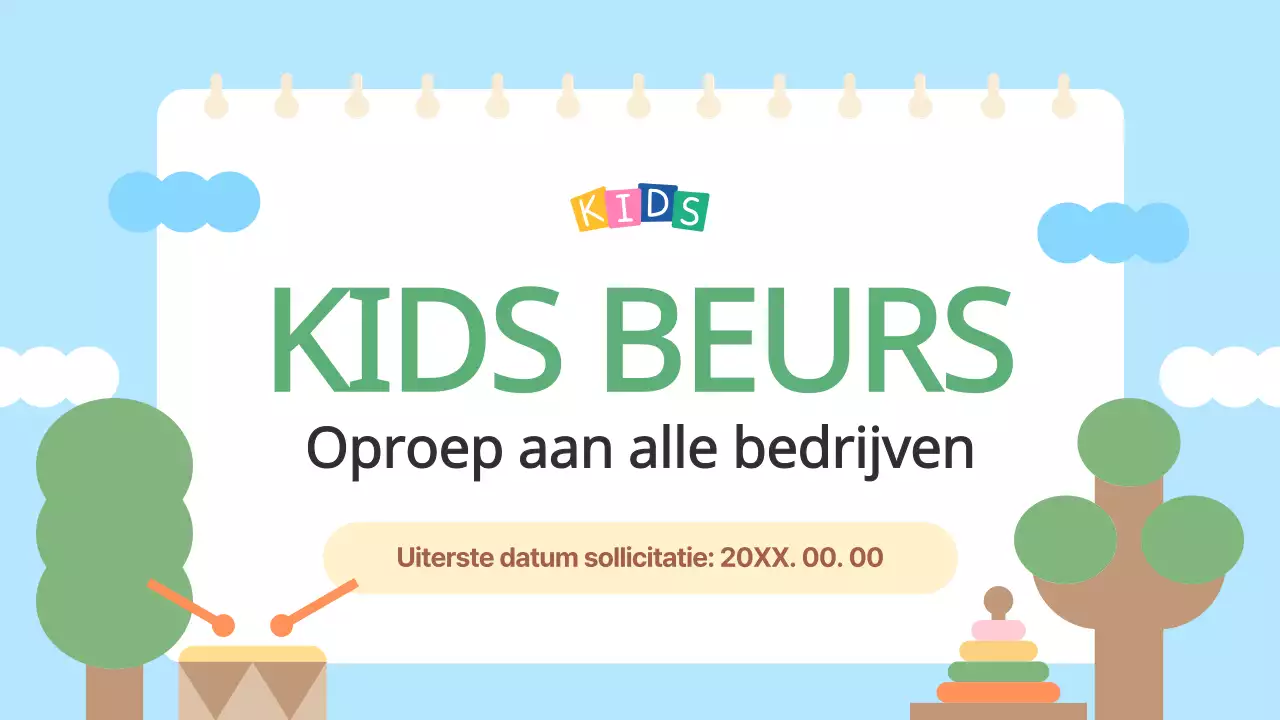 De lichtblauwe en gele oproep voor exposanten op de Kids Fair
