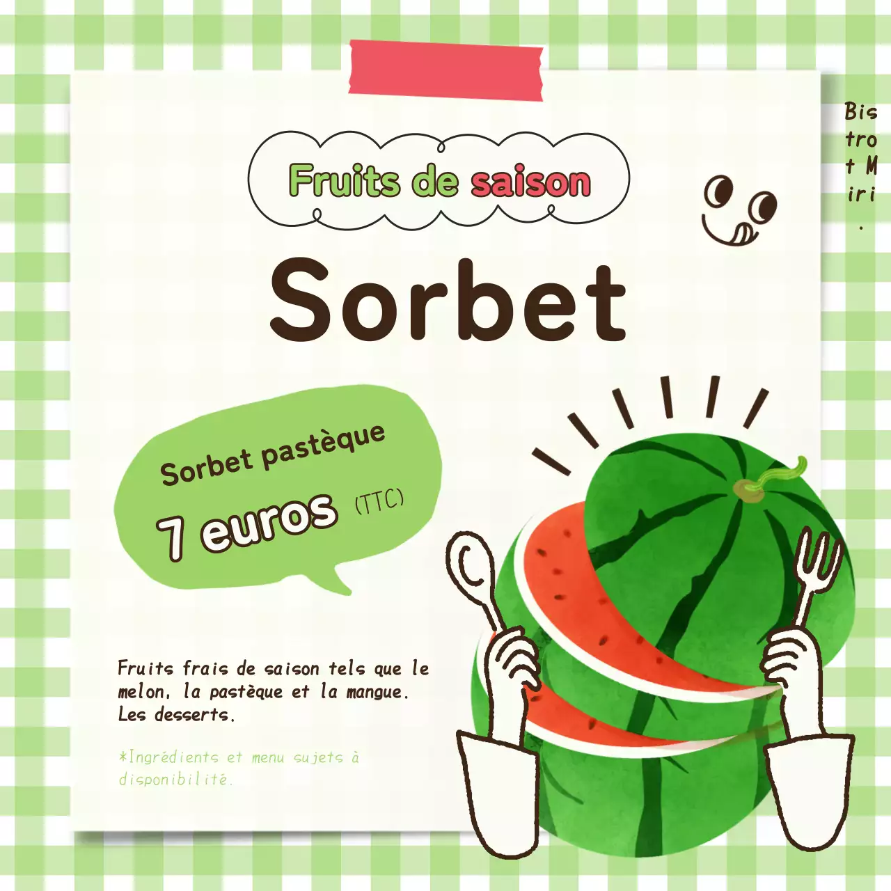 Jaune-vert et rouge, pour promouvoir les beaux plats de saison de l'été.