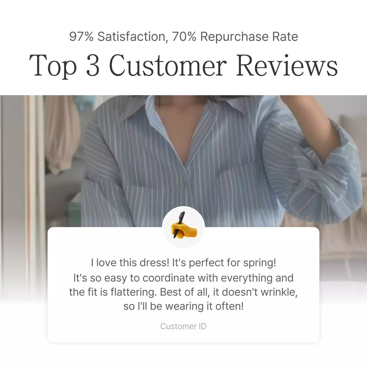 A review or ad for a fashion store with a simple white and gray emoji style.