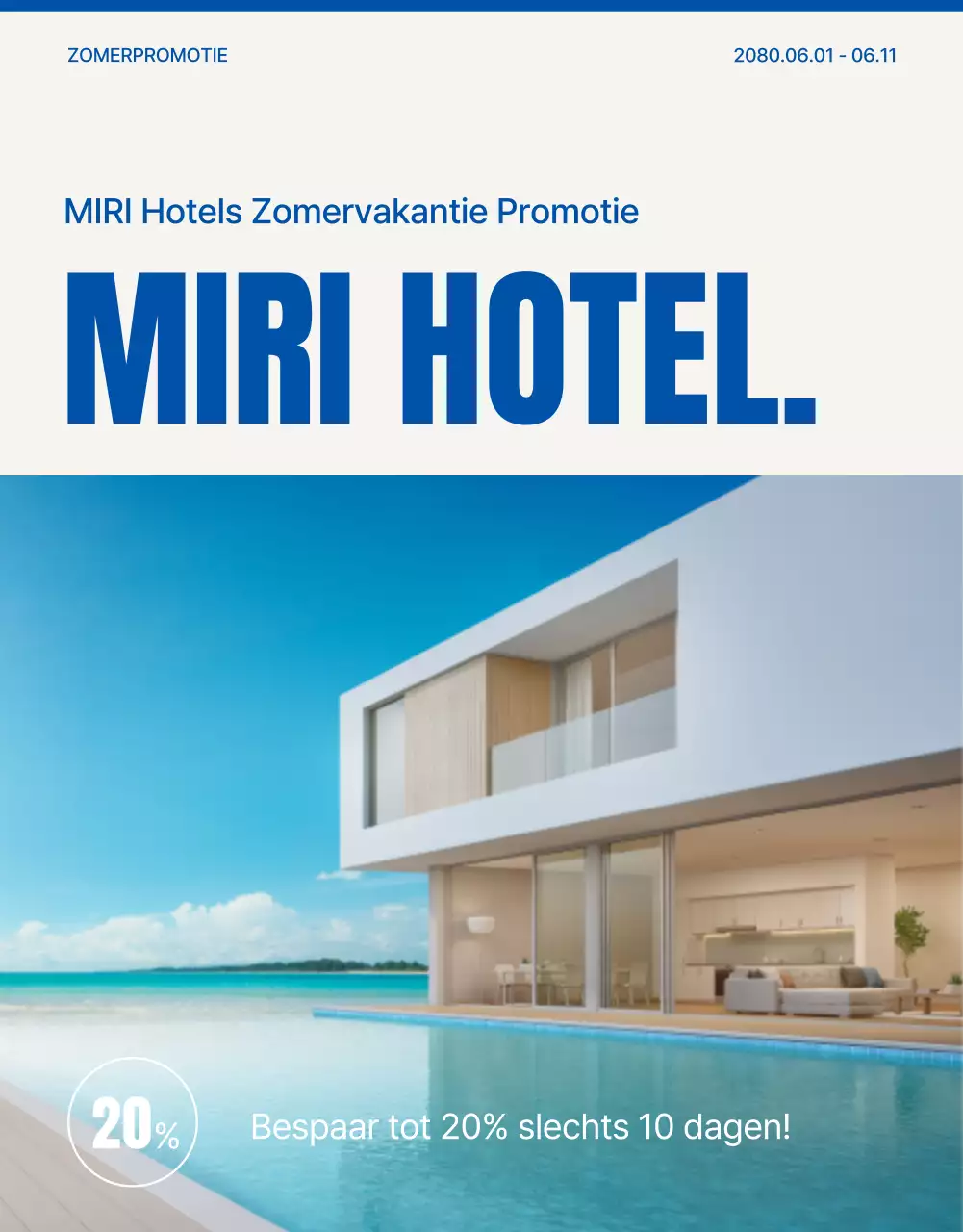 Promoot een eenvoudige hotelpromotie voor het zomerseizoen in blauw