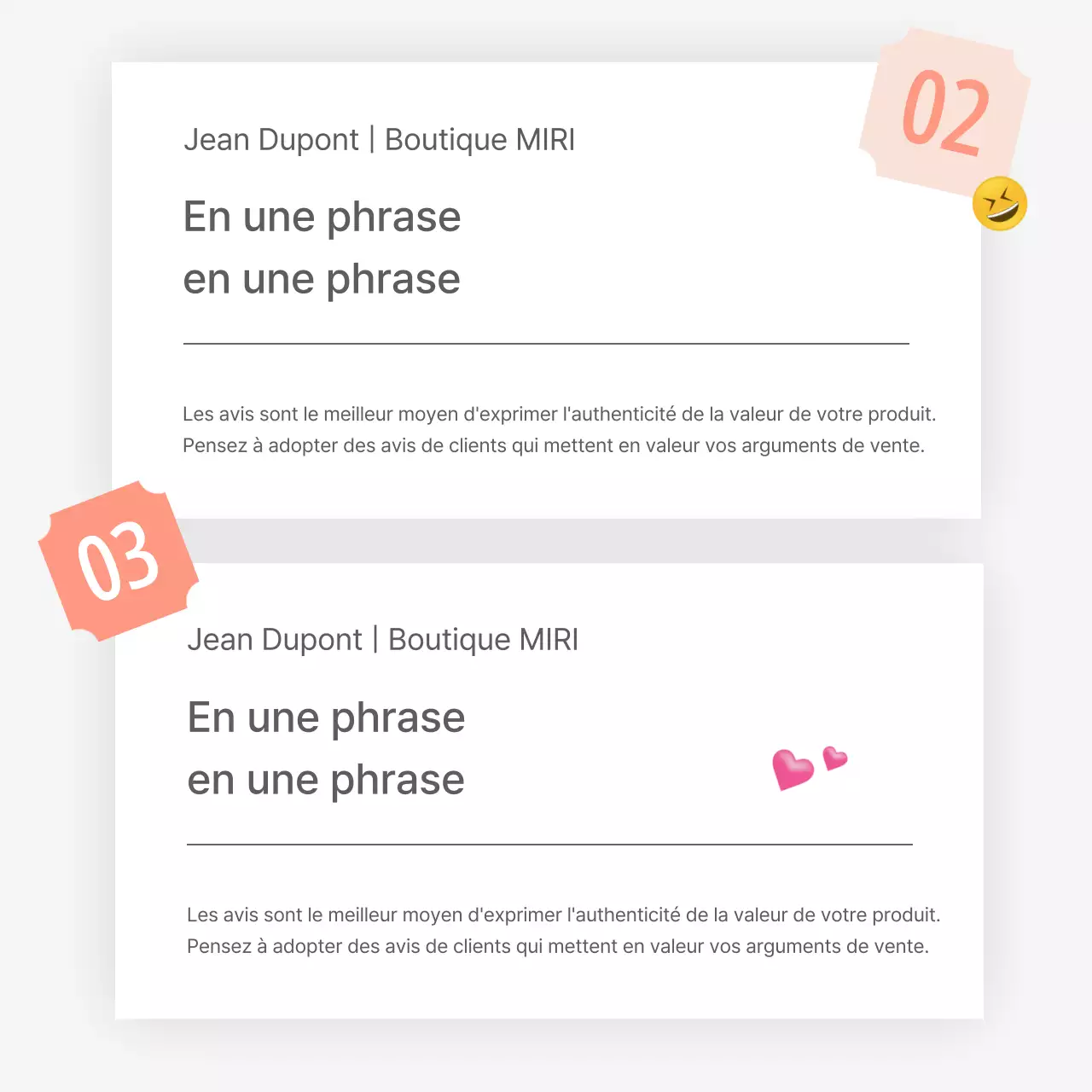 Une critique ou une publicité pour un magasin de mode avec un style emoji simple, blanc et gris.