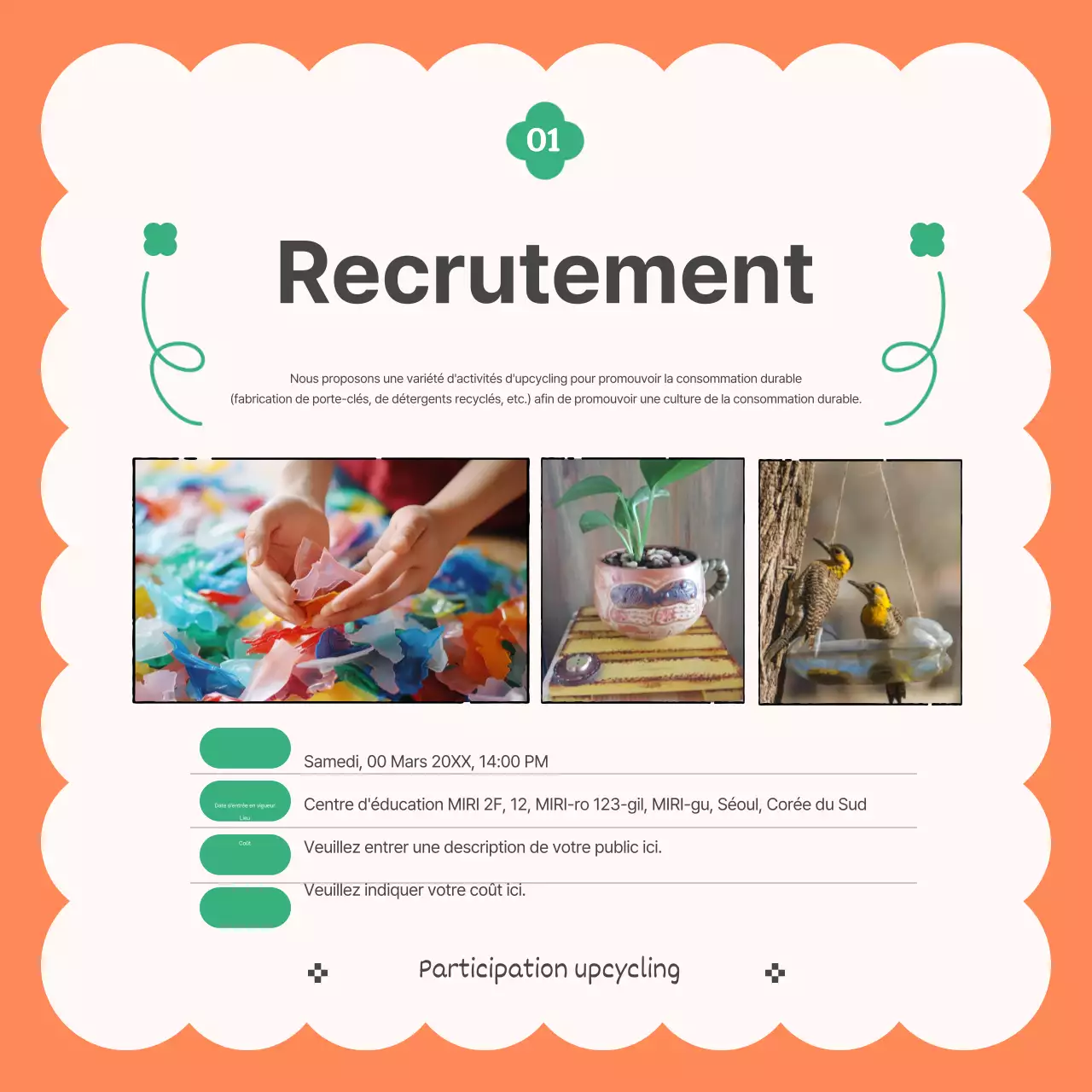 Créer des objets modernes et recyclés dans les tons orange et vert.