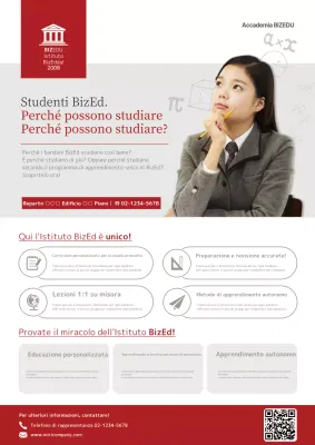 Descrivete e promuovete la vostra scuola con l'immagine di una ragazza pensante in rosso e grigio.