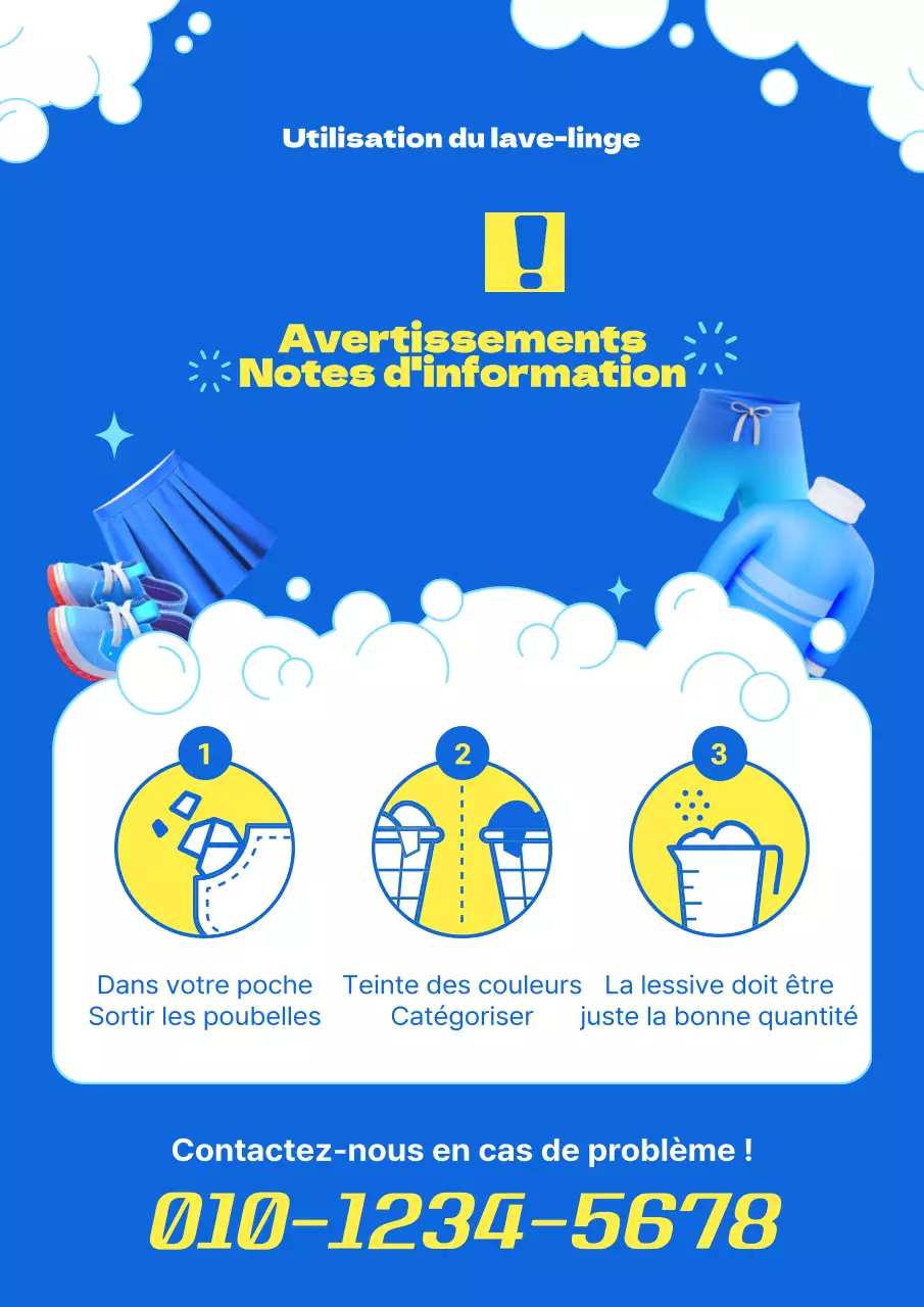 Une simple laverie automatique jaune et bleue avec un rappel à la prudence.