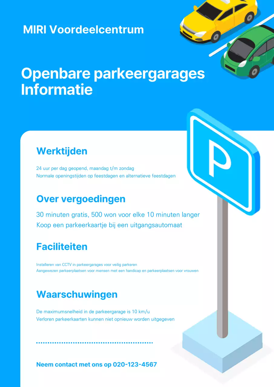 Blauwe en eenvoudige aankondiging van de bediening van de parkeergarage