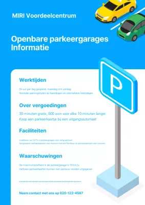 Blauwe en eenvoudige aankondiging van de bediening van de parkeergarage