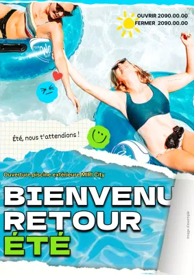 Annonce de l'ouverture d'une piscine kitsch en bleu ciel et fluorescent