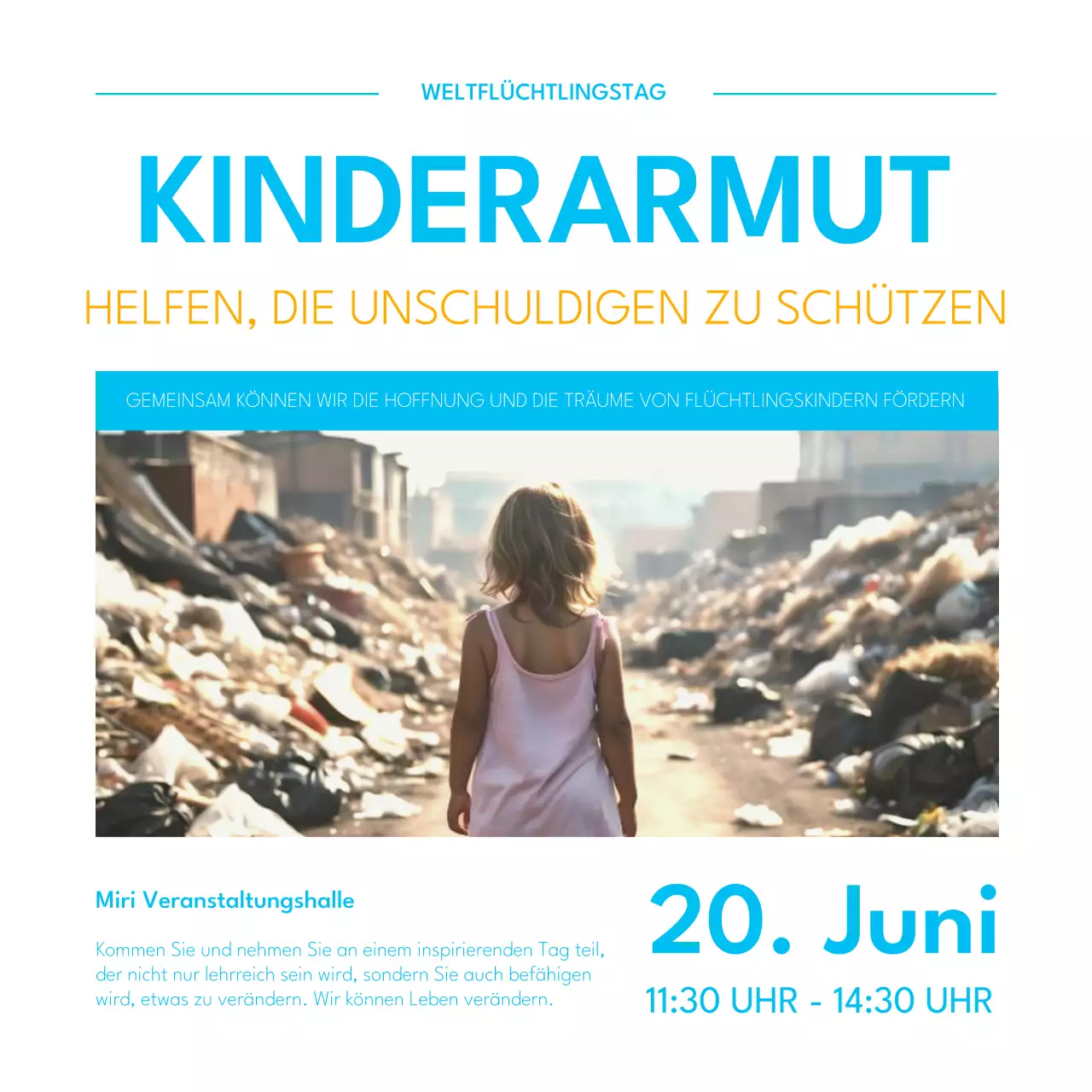 Eine schlichte, hellblau-orangefarbene Verlobungspost zum Weltflüchtlingstag