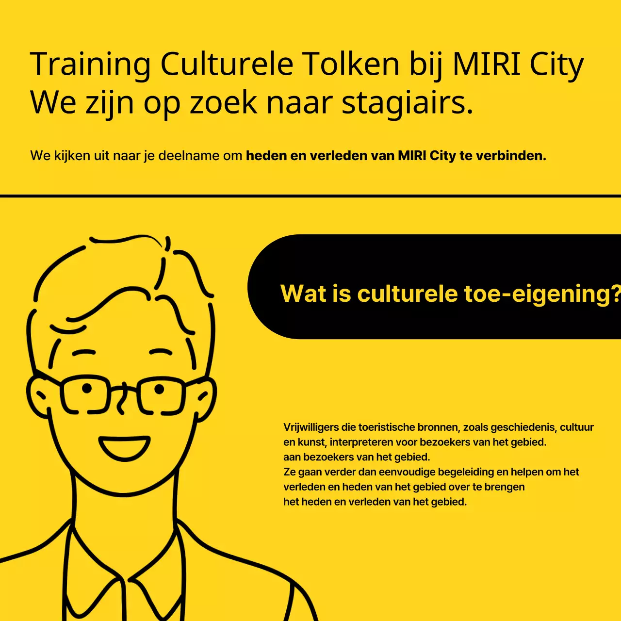Geel en zwart minimalistisch wervingsveld voor cultureel commentator