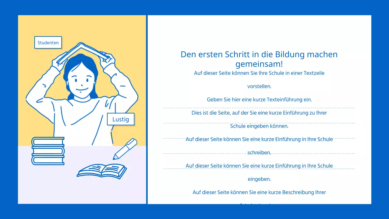 Ein kitschiger gelb-blauer Schulprospekt