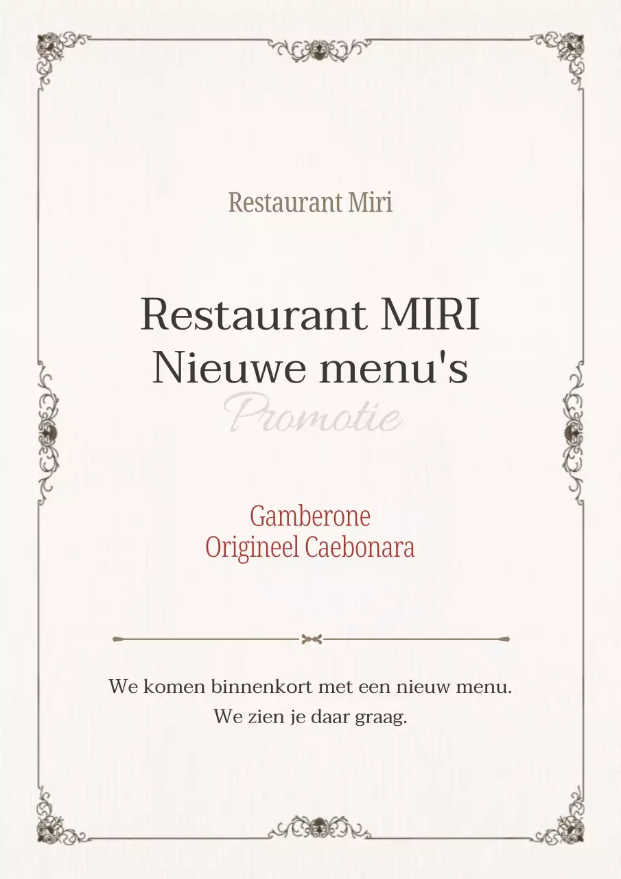 Nieuwe menukaart voor een eenvoudig rood en beige restaurant